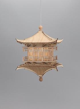 新中式创意实木禅意古建筑镜像吊灯售楼处酒店样板间玄关空中吊饰