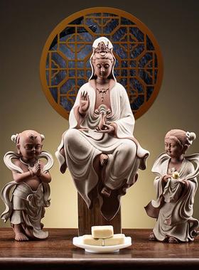 紫砂金童玉女佛像摆件供奉家用招财善财童子龙女观音菩萨佛前侍奉