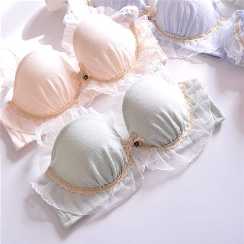 日系女生小清新无钢圈聚拢内衣厚杯刺绣可爱少女甜美文胸套装 - 图2
