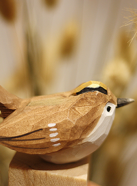 鹿妖商店 金冠戴菊 肥啾鸟 纯手工木雕小鸟 实木摆件