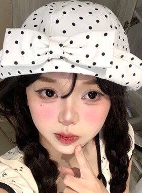 日系黑白波点蝴蝶结盆帽女