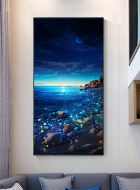 蓝色海洋梦幻沙滩星空月色玄关装B饰画海边客厅入户门酒店走廊挂