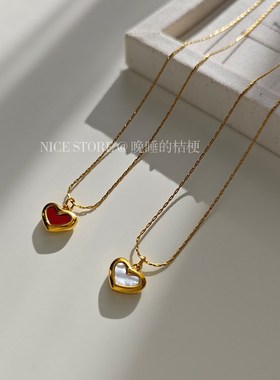 晚睡的桔梗复兴恋诗日韩红色爱心吊坠钛钢项链双面桃心锁骨链