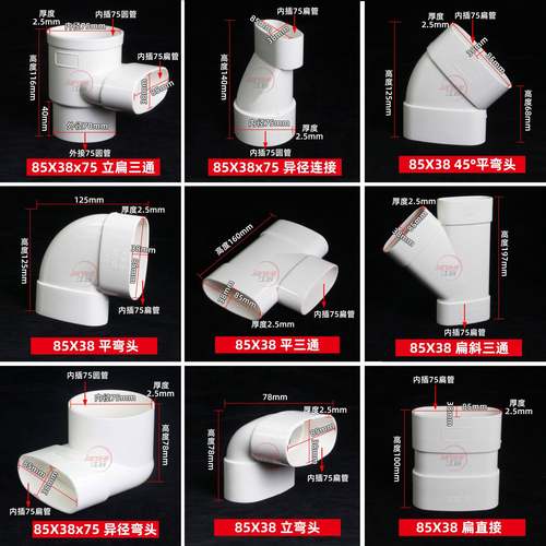 PVC排水扁管75直接50弯头异径110三通椭圆下水管移位扁口配件大全 - 图1