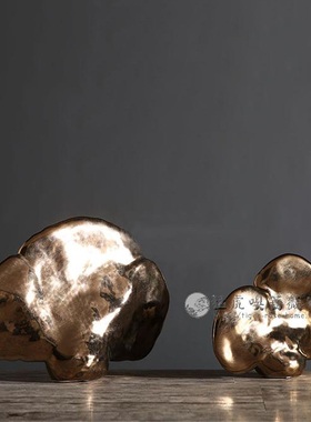 新中式创意金色陶瓷灵芝摆件电视柜书柜玄关样板房软装饰品工艺品