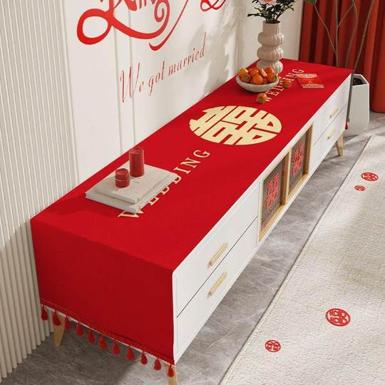 Wedding TV cabinet tablecloth newlywed red festive decoration arrangement long tablecloth sideboard shoe cabinet happy word cover