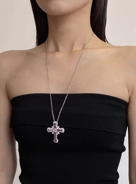 长款金属链锆石粉色十字架项链女