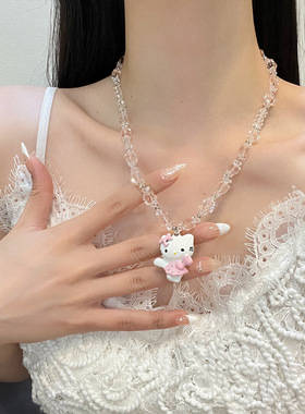 甜美可爱粉色kt猫咪吊坠项链女款