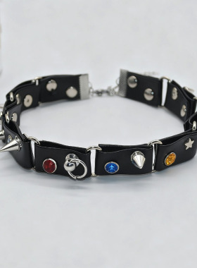 黑色皮质彩钻铆钉项圈项链女
