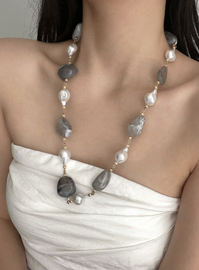 欧美不规则珍珠拼树脂串珠项链女