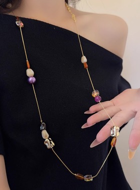 美德拉彩色串珠长款项链女锁骨链