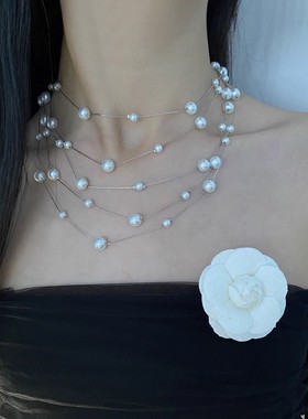 法式小香风多层珍珠山茶花项链女