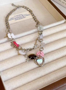 双层叠戴多巴胺彩色纽扣爱心项链