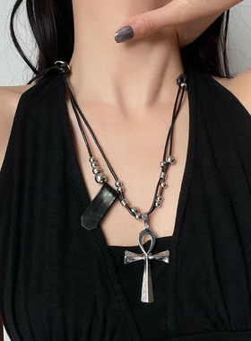 欧美哥特朋克黑皮绳十字架项链女