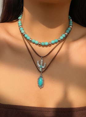 多层叠戴绿松石串珠仙人掌项链女