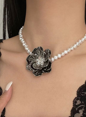 欧美重工双层水晶花朵珍珠项链女