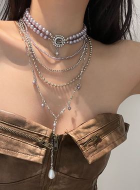 长款多层叠戴流苏水滴珍珠项链女