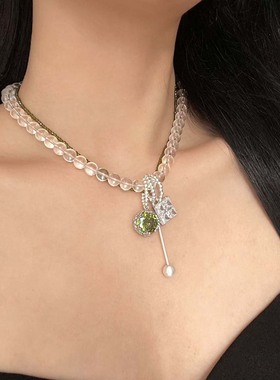时尚双层透明串珠绿宝石吊坠项链