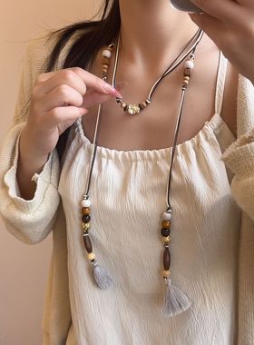 复古彩色皮绳木质串珠长款项链女