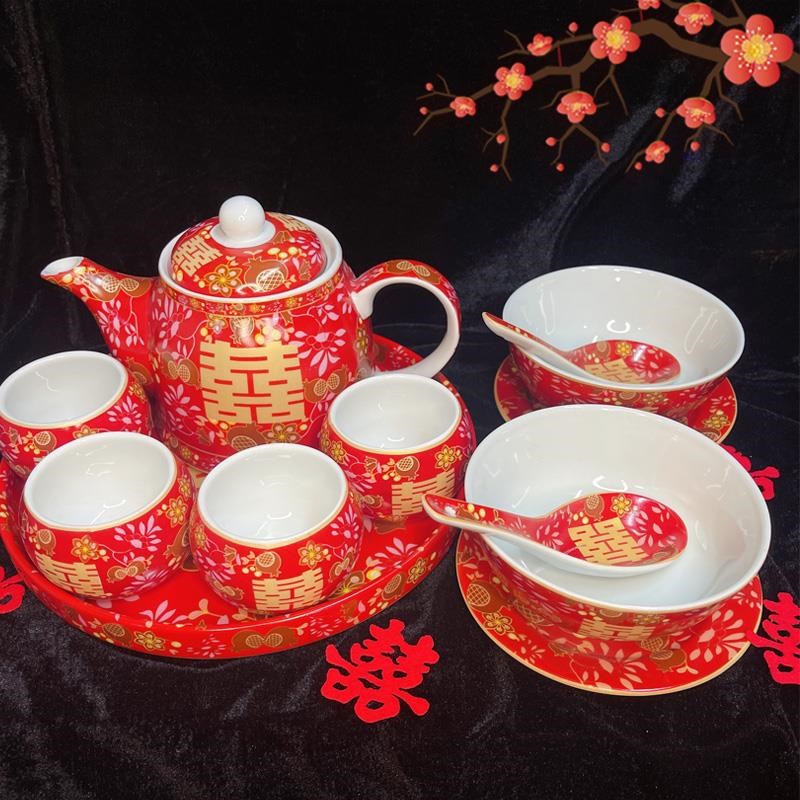 Wedding tea cup, newlywed wedding bowl, wedding dowry red tableware, wedding bride O dowry tea set supplies large