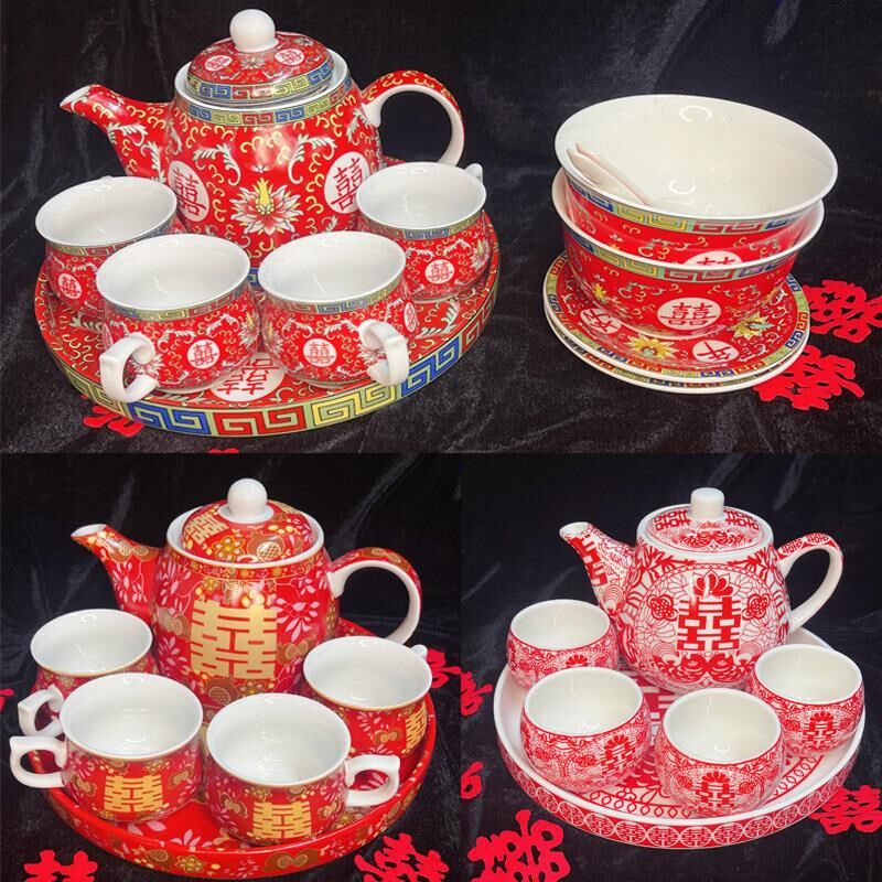 Wedding tea cup, newlywed wedding bowl, wedding dowry red tableware, wedding bride O dowry tea set supplies large