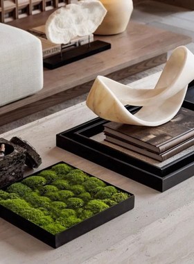 现代样板间客厅茶几装饰品售楼中心大堂桌面苔藓花器马毛托盘摆件