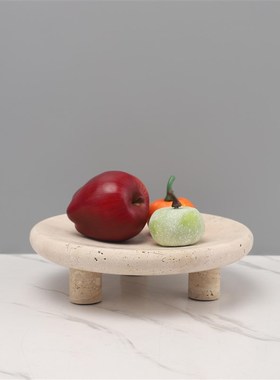 侘寂风天然大理石洞石圆形果盘软装饰摆件样板间餐桌收纳托盘果盆