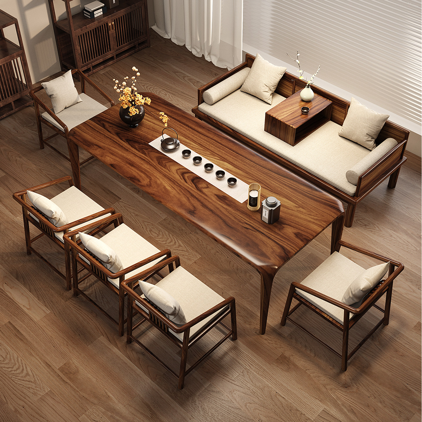 胡桃木榫卯全实木茶桌椅组合简约现代客厅家用茶台办公一体茶几,淘宝优惠券,粉丝福利购,淘宝优惠卷