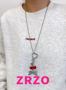 可爱甜酷蝴蝶结红樱桃项链