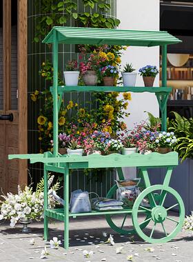 室内花架装饰摆饰实木推车置物架花店商场创意展示架子超市促销车