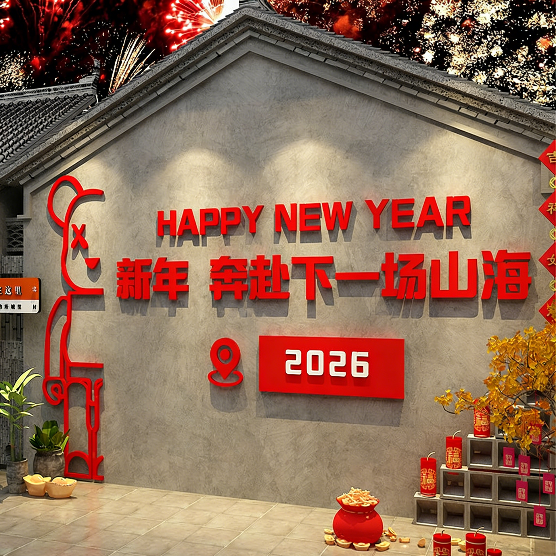 2026贺马新年装饰网红拍照区布置打卡背景墙面贴店铺春节氛围元旦,淘宝优惠券,粉丝福利购,淘宝优惠卷