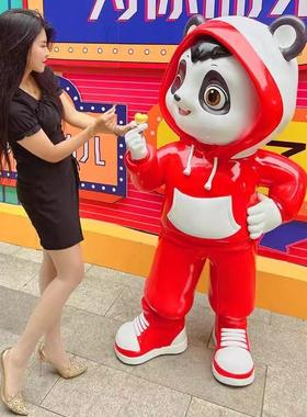 玻璃钢雕塑定制卡通吉祥物网红熊猫饭店酒吧门口迎宾公仔摆件定做