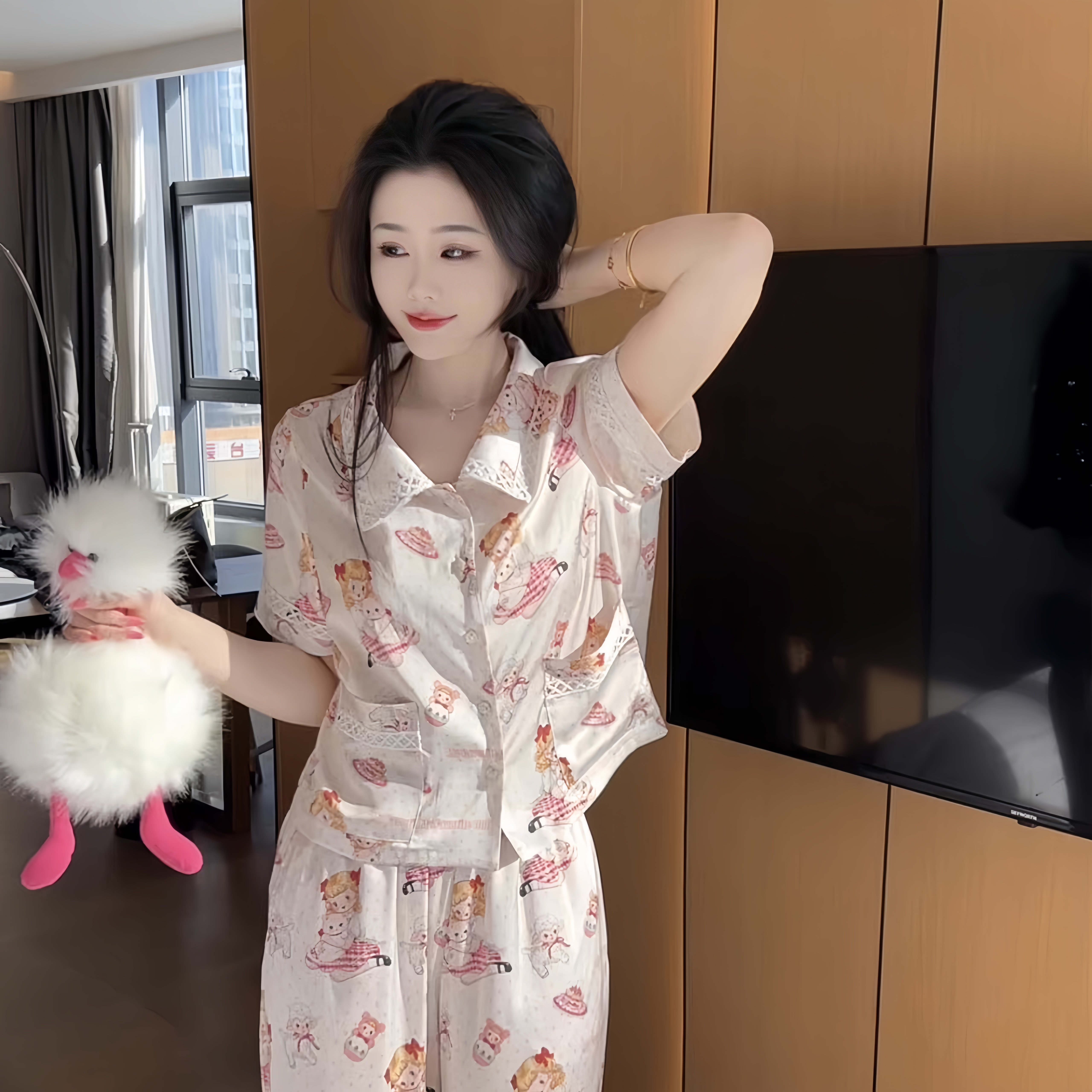 创宙 夏季2026新款休闲可爱显瘦短款高级感睡衣女家居服套装短袖可外穿