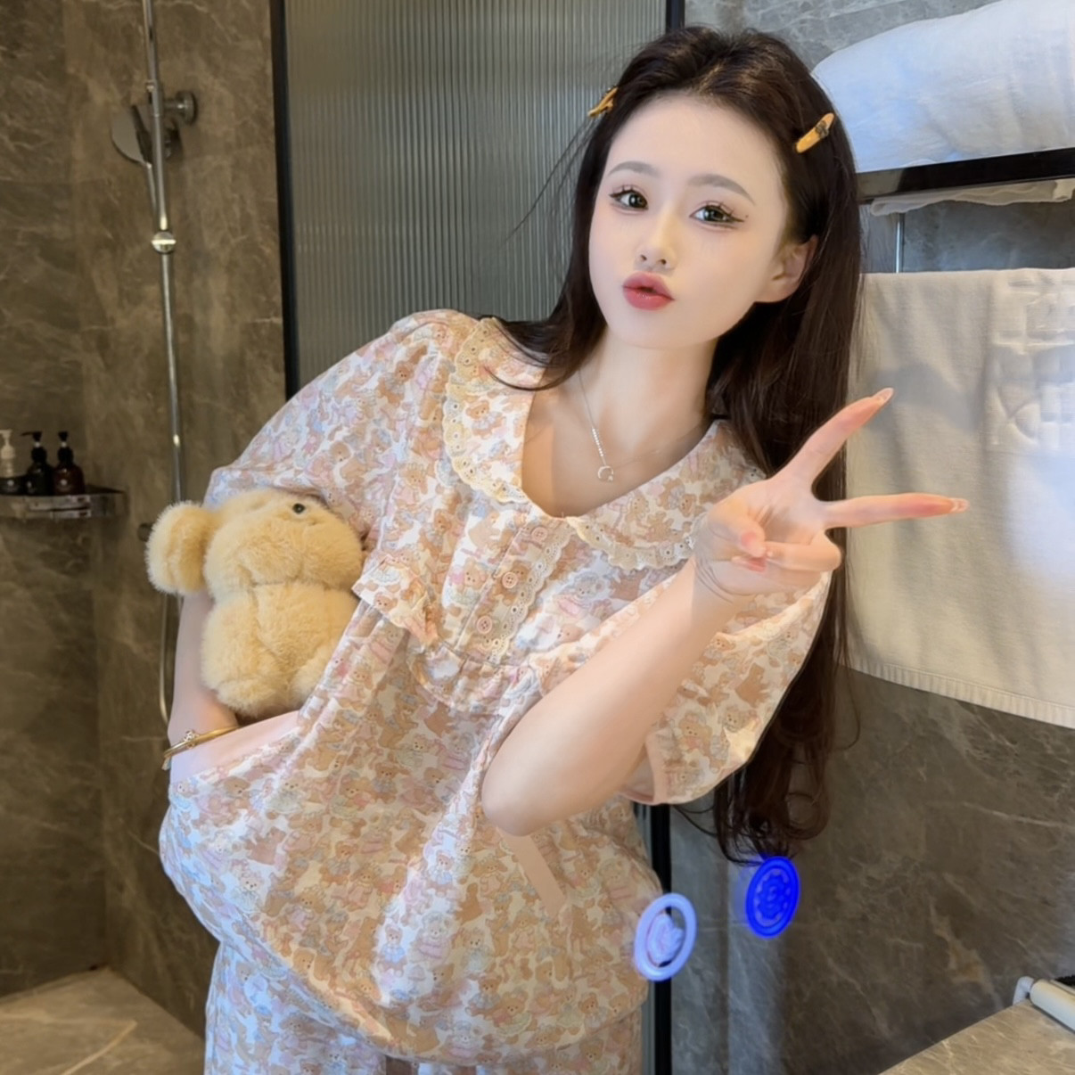创宙 夏季2026新款可爱显瘦纯棉亲肤透气套头睡衣女家居服外穿小熊套装