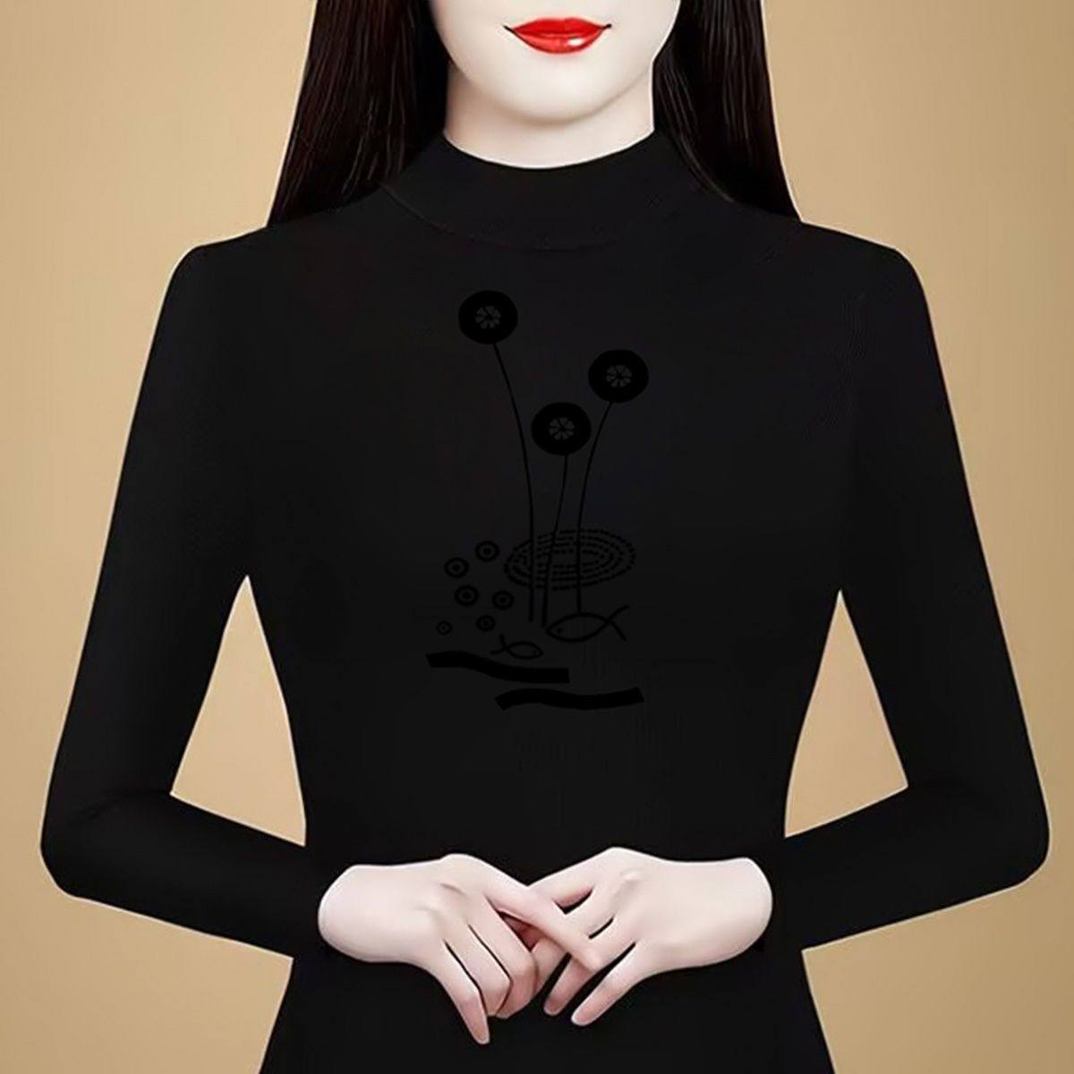 大码德绒保暖半高领印花洋气长袖打底衫女秋冬新款妈妈装百搭上衣,淘宝优惠券,粉丝福利购,淘宝优惠卷