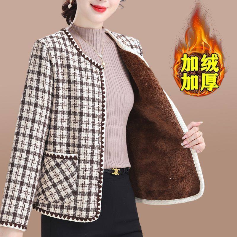 毛呢洋气妈妈装中老年秋冬小香风上衣新款大码加绒加厚开衫外套女,淘宝优惠券,粉丝福利购,淘宝优惠卷