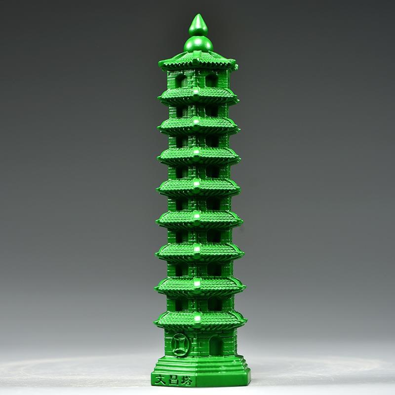 绿色木雕刻9层文昌塔摆件实木头九层文昌塔家居客厅办公室装饰品 - 图0