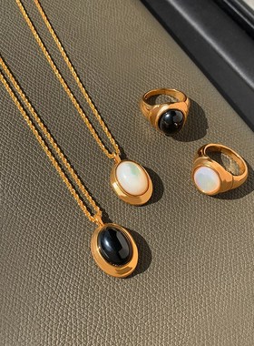 法式复古黑玛瑙天然m白宝石项链女轻奢小众高级感欧美叠戴锁骨颈