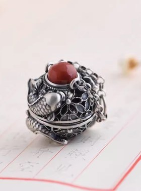 可打开锦鲤荷叶香囊吊坠女中w国风复古做旧嘎乌盒项坠文艺礼品饰