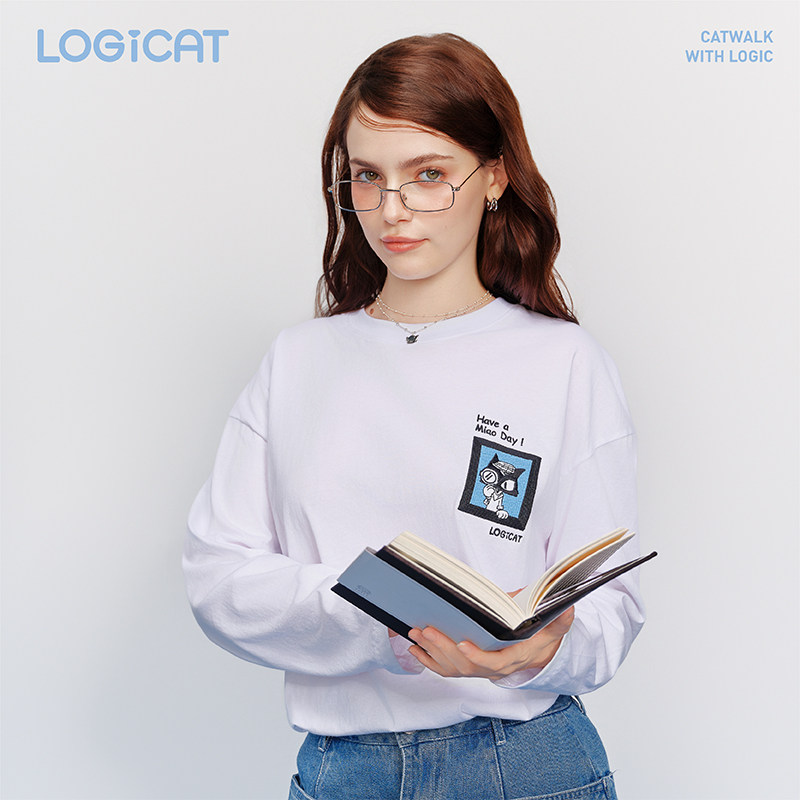 蒲熠星同款LOGICAT白色长袖T恤宽松舒适四季百搭通勤男女情侣上衣,淘宝优惠券,粉丝福利购,淘宝优惠卷