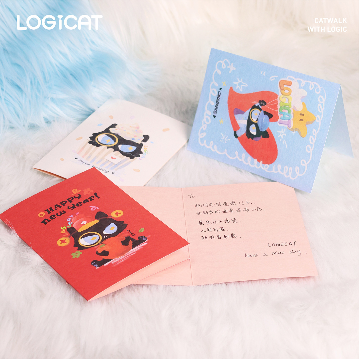 LOGICAT贺卡可爱猫咪卡通送学生闺蜜生日礼物留言节日祝福卡片,淘宝优惠券,粉丝福利购,淘宝优惠卷