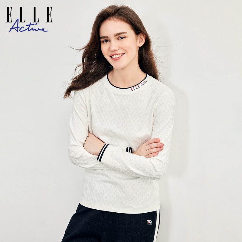 ELLE ACTIVE女装运动t恤简约百搭提花格子体恤衫舒适打底长袖上衣 - 图0