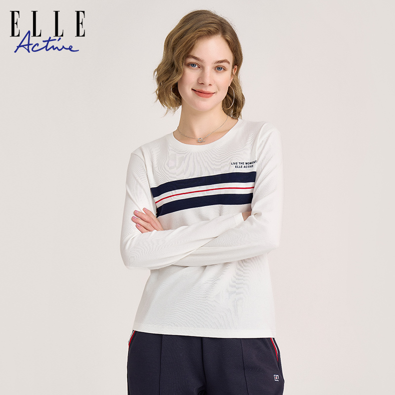 ELLE ACTIVE女装长袖t恤纯棉透气条纹圆领上衣休闲通勤内搭打底衫 - 图3