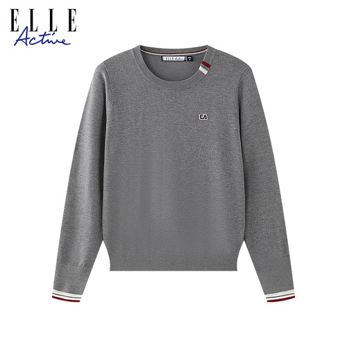 ELLE ACTIVE圆领撞色条纹针织衫25年秋款套头毛衣休闲长袖上衣女 - 图0