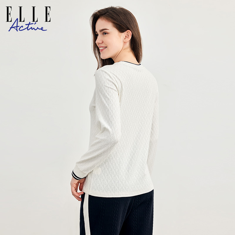 ELLE ACTIVE女装运动t恤简约百搭提花格子体恤衫舒适打底长袖上衣 - 图1