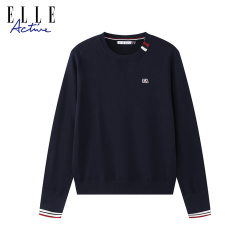 ELLE ACTIVE圆领撞色条纹针织衫25年秋款套头毛衣休闲长袖上衣女 - 图1