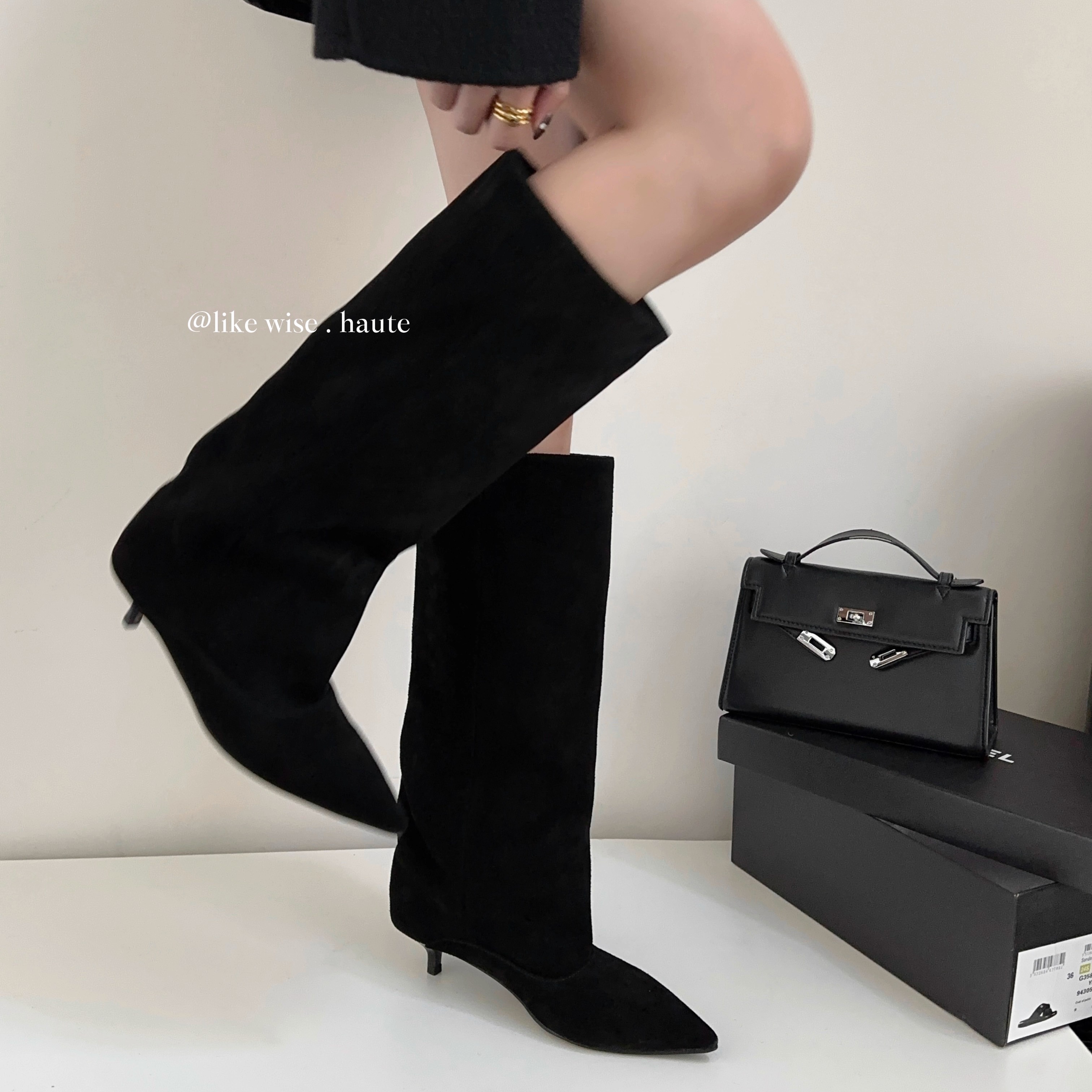 LIKE WISE HAUTE · 4cm法式尖头小猫跟百搭时尚时髦堆堆大筒围靴 - 图1