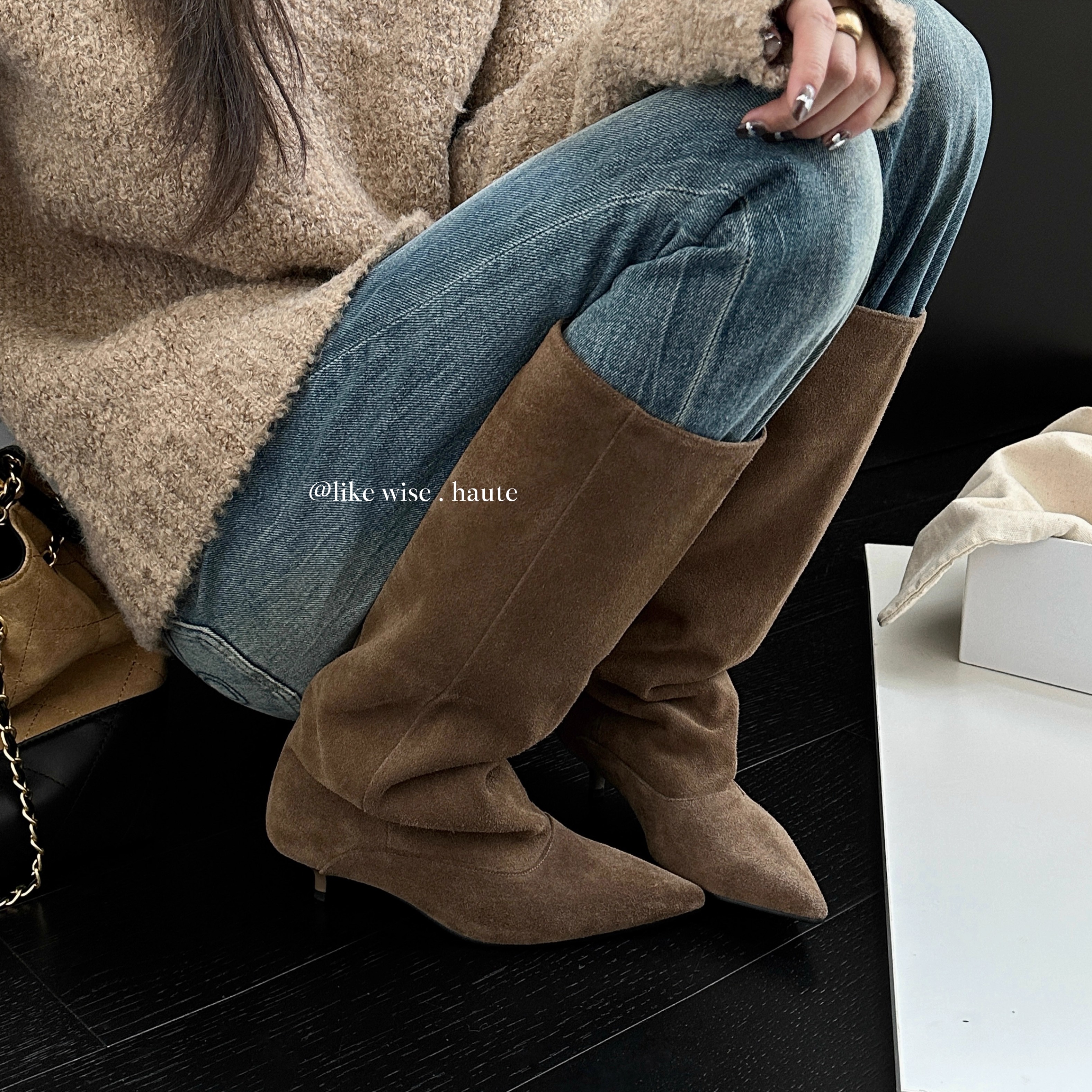 LIKE WISE HAUTE · 4cm法式尖头小猫跟百搭时尚时髦堆堆大筒围靴 - 图0