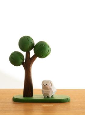 一棵树 生命力 绿树粉树木雕装饰品搭配可爱治愈木制品纯手工