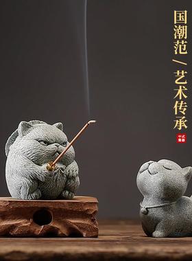 卡通可爱小猫咪茶宠动物摆件创意侠客猫钓鱼香插香托鱼缸桌面装饰